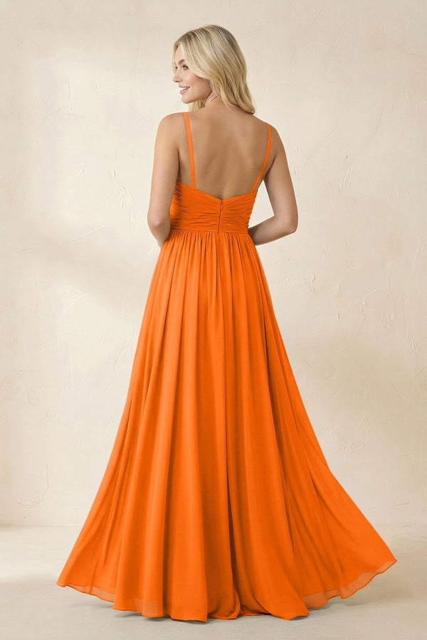 Cami Strap Chiffon A - Line Bridesmaid Dress with Slit in Cinnamon - KissProm Bridesmaid Dresses