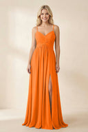 Cami Strap Chiffon A - Line Bridesmaid Dress with Slit in Cinnamon - KissProm Bridesmaid Dresses