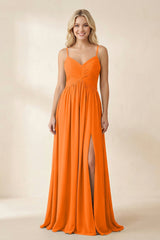 Cami Strap Chiffon A - Line Bridesmaid Dress with Slit in Cinnamon - KissProm Bridesmaid Dresses