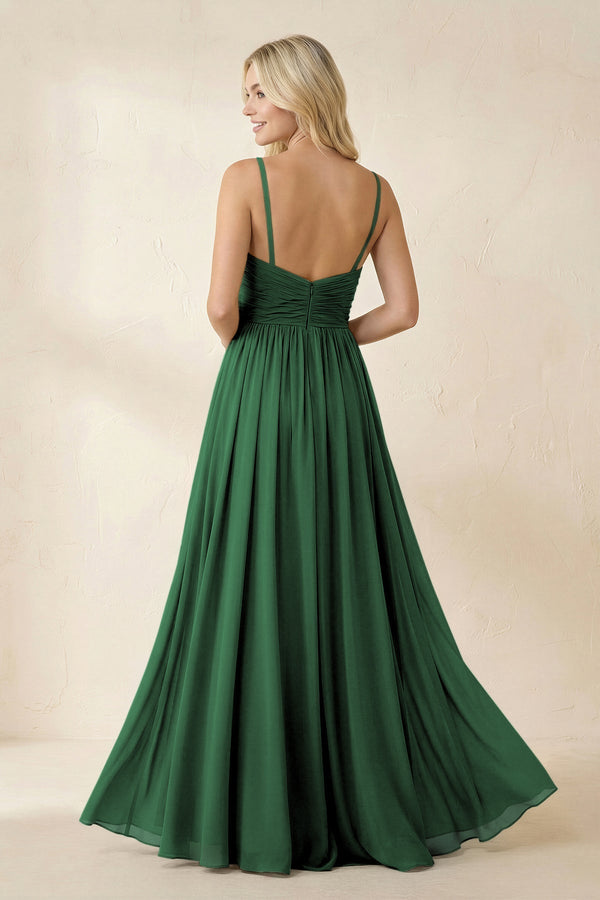 Cami Strap Chiffon A - Line Bridesmaid Dress with Slit in Dark Green - KissProm Bridesmaid Dresses