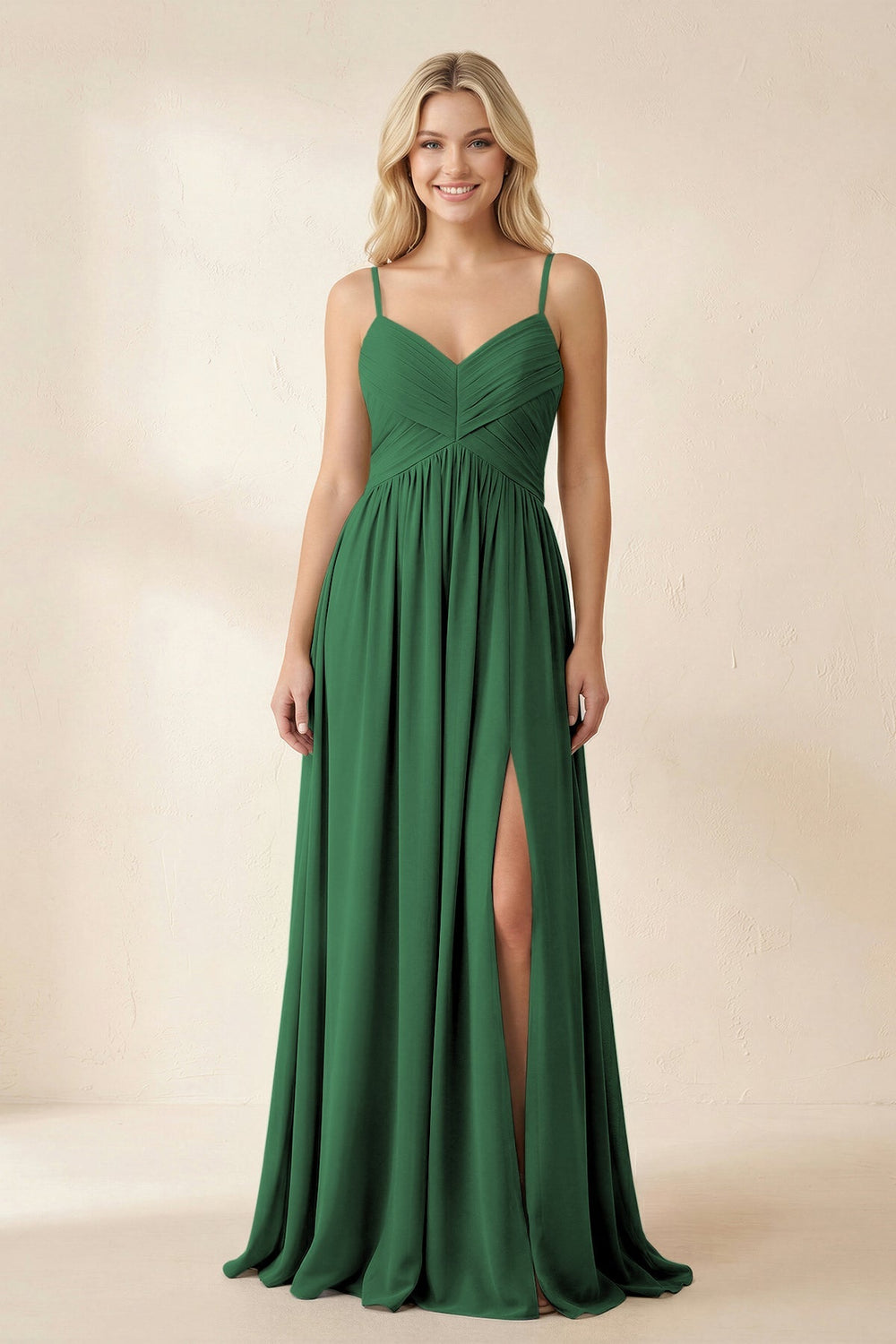 Cami Strap Chiffon A - Line Bridesmaid Dress with Slit in Dark Green - KissProm Bridesmaid Dresses