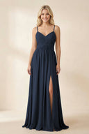 Cami Strap Chiffon A - Line Bridesmaid Dress with Slit in Dark Navy - KissProm Bridesmaid Dresses