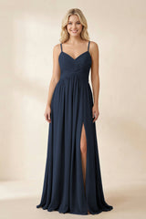 Cami Strap Chiffon A - Line Bridesmaid Dress with Slit in Dark Navy - KissProm Bridesmaid Dresses