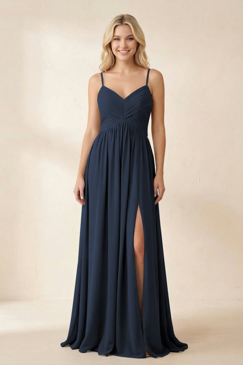 Cami Strap Chiffon A - Line Bridesmaid Dress with Slit in Dark Navy - KissProm Bridesmaid Dresses