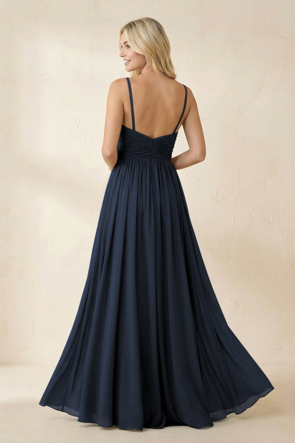 Cami Strap Chiffon A - Line Bridesmaid Dress with Slit in Dark Navy - KissProm Bridesmaid Dresses