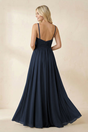 Cami Strap Chiffon A - Line Bridesmaid Dress with Slit in Dark Navy - KissProm Bridesmaid Dresses