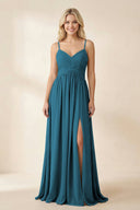 Cami Strap Chiffon A - Line Bridesmaid Dress with Slit in Dark Teal - KissProm Bridesmaid Dresses