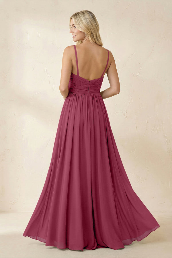 Cami Strap Chiffon A - Line Bridesmaid Dress with Slit in Desert Rose - KissProm Bridesmaid Dresses