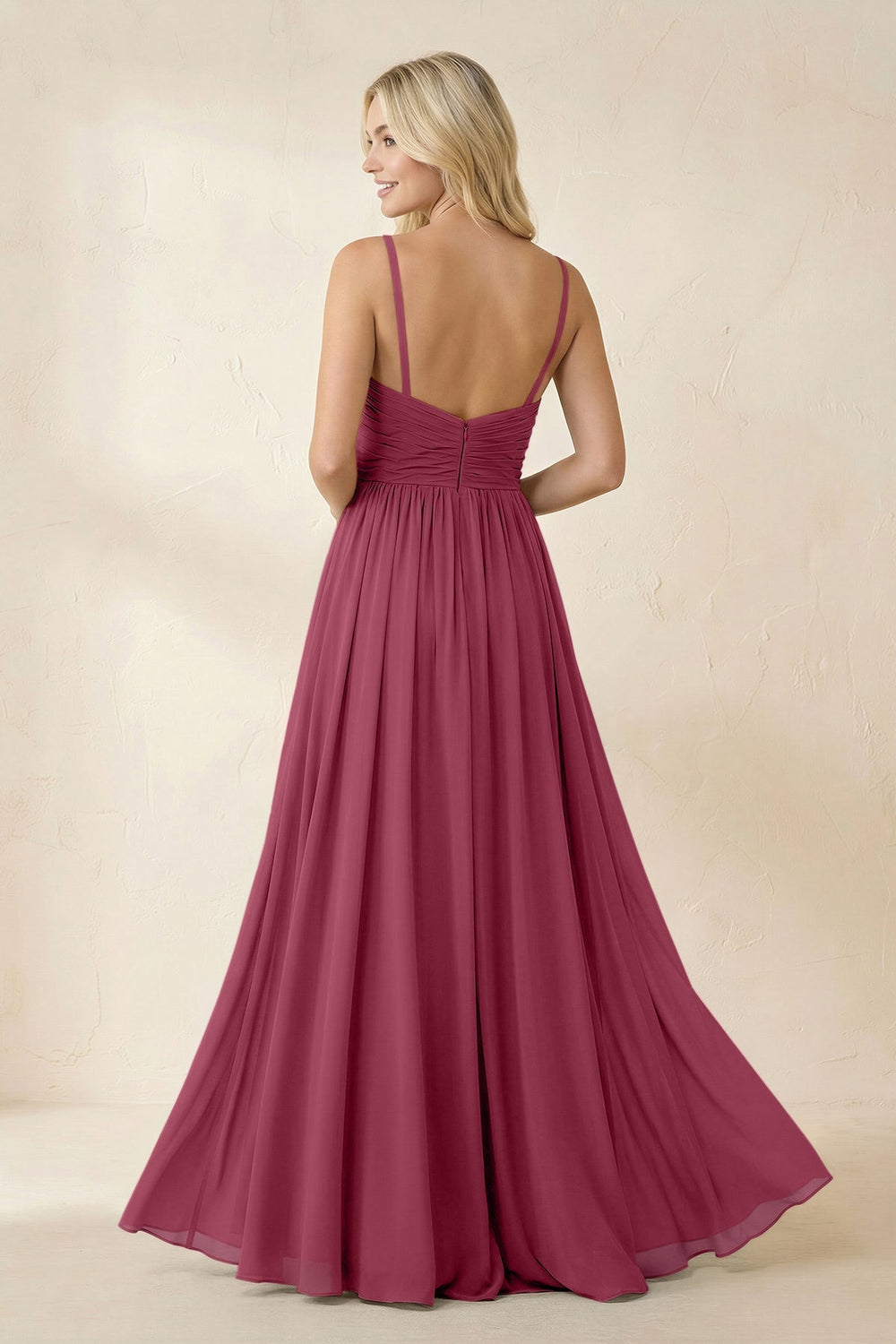 Cami Strap Chiffon A - Line Bridesmaid Dress with Slit in Desert Rose - KissProm Bridesmaid Dresses