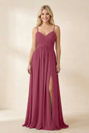 Cami Strap Chiffon A - Line Bridesmaid Dress with Slit in Desert Rose - KissProm Bridesmaid Dresses