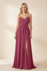 Cami Strap Chiffon A - Line Bridesmaid Dress with Slit in Desert Rose - KissProm Bridesmaid Dresses