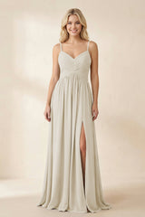 Cami Strap Chiffon A - Line Bridesmaid Dress with Slit in Dove Gray - KissProm Bridesmaid Dresses