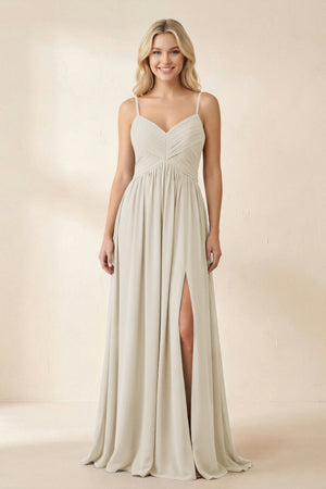 Cami Strap Chiffon A - Line Bridesmaid Dress with Slit in Dove Gray - KissProm Bridesmaid Dresses