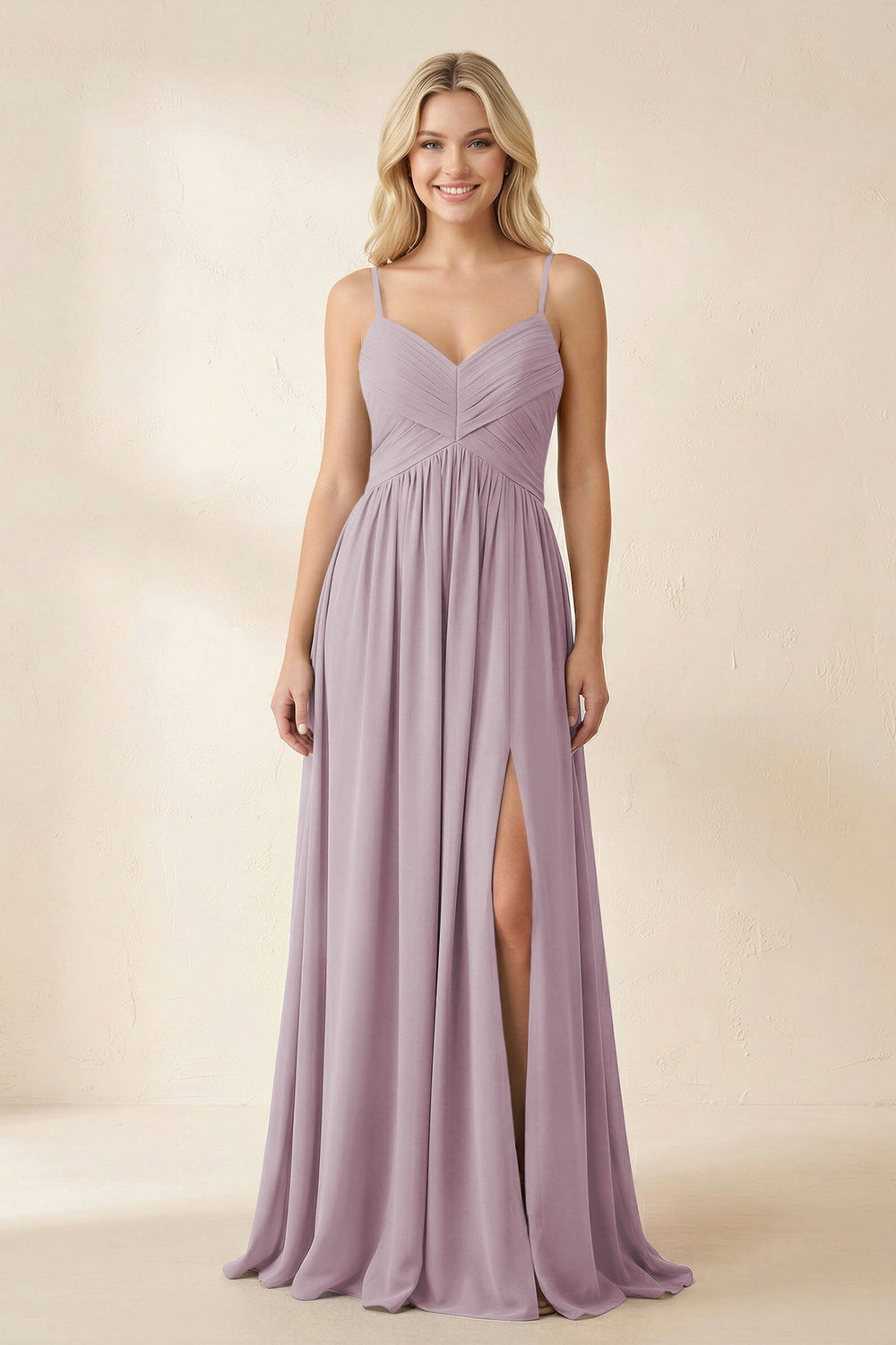 Cami Strap Chiffon A - Line Bridesmaid Dress with Slit in Dusk - KissProm Bridesmaid Dresses
