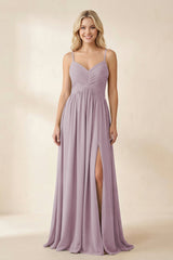 Cami Strap Chiffon A - Line Bridesmaid Dress with Slit in Dusk - KissProm Bridesmaid Dresses