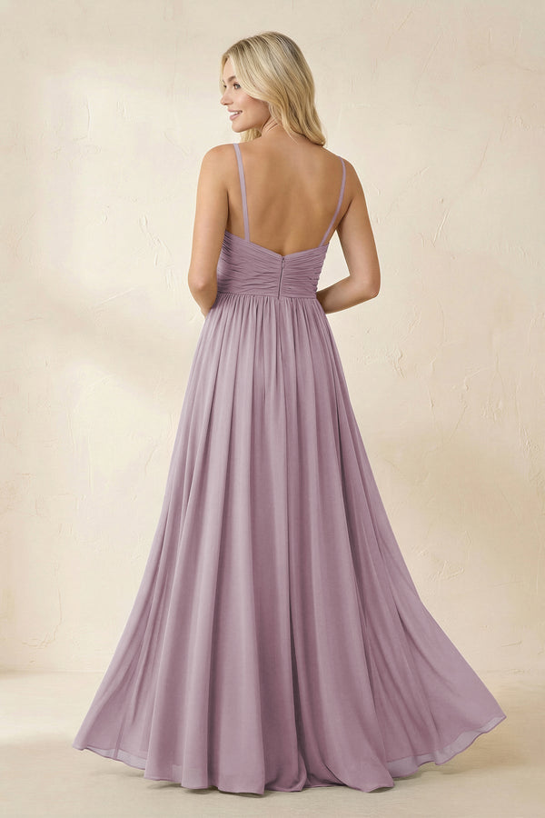 Cami Strap Chiffon A - Line Bridesmaid Dress with Slit in Dusk - KissProm Bridesmaid Dresses