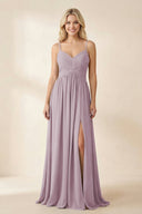 Cami Strap Chiffon A - Line Bridesmaid Dress with Slit in Dusk - KissProm Bridesmaid Dresses
