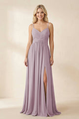 Cami Strap Chiffon A - Line Bridesmaid Dress with Slit in Dusk - KissProm Bridesmaid Dresses