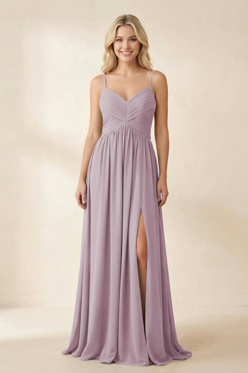 Cami Strap Chiffon A - Line Bridesmaid Dress with Slit in Dusk - KissProm Bridesmaid Dresses