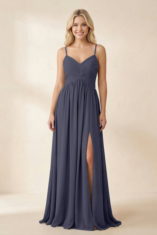 Cami Strap Chiffon A - Line Bridesmaid Dress with Slit in Dusk Blue - KissProm Bridesmaid Dresses