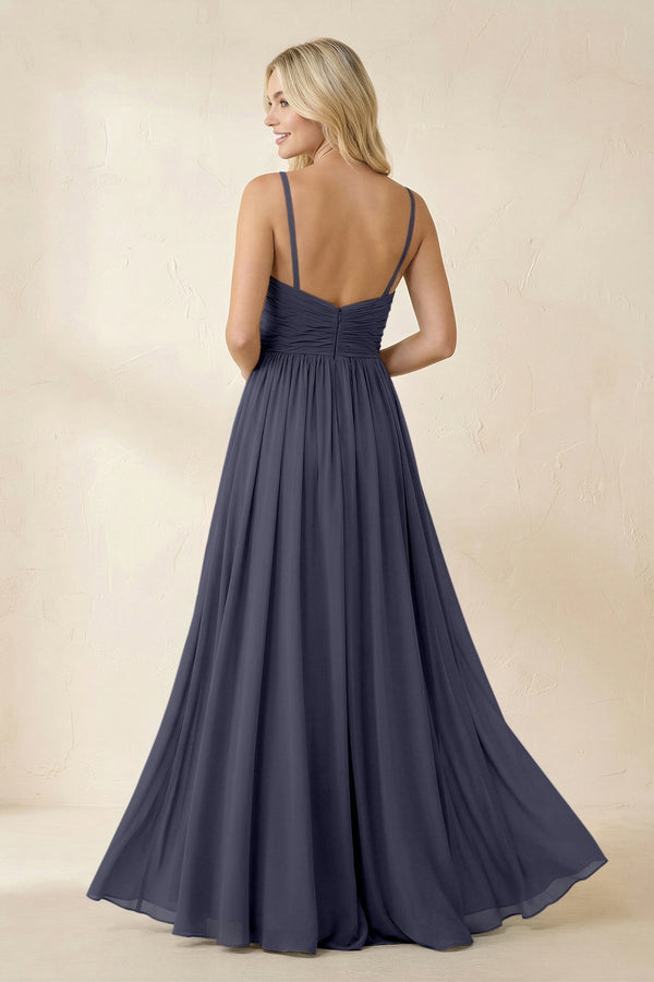 Cami Strap Chiffon A - Line Bridesmaid Dress with Slit in Dusk Blue - KissProm Bridesmaid Dresses