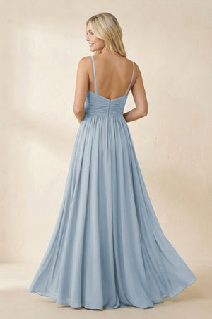 Cami Strap Chiffon A - Line Bridesmaid Dress with Slit in Dusty Blue - KissProm Bridesmaid Dresses