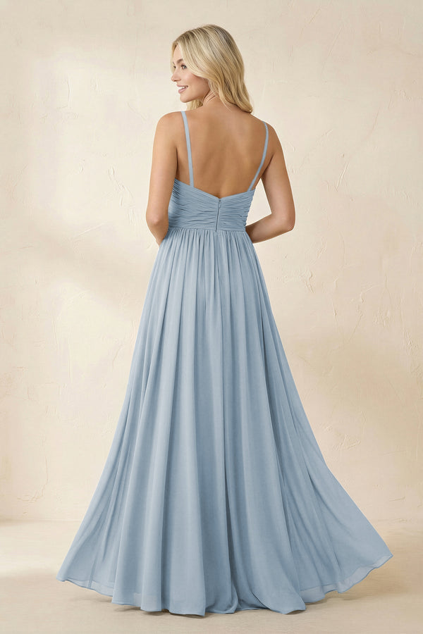 Cami Strap Chiffon A - Line Bridesmaid Dress with Slit in Dusty Blue - KissProm Bridesmaid Dresses