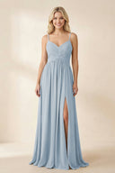 Cami Strap Chiffon A - Line Bridesmaid Dress with Slit in Dusty Blue - KissProm Bridesmaid Dresses
