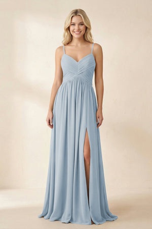 Cami Strap Chiffon A - Line Bridesmaid Dress with Slit in Dusty Blue - KissProm Bridesmaid Dresses