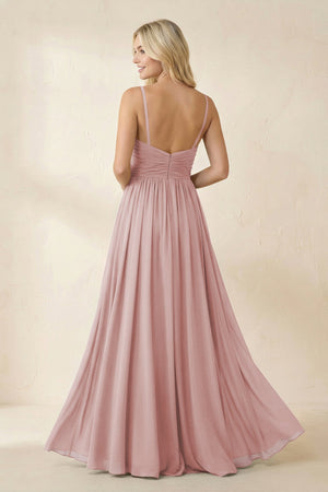 Cami Strap Chiffon A - Line Bridesmaid Dress with Slit in Dusty Rose - KissProm Bridesmaid Dresses