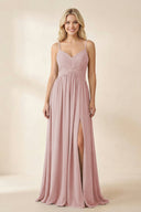 Cami Strap Chiffon A - Line Bridesmaid Dress with Slit in Dusty Rose - KissProm Bridesmaid Dresses