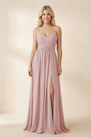 Cami Strap Chiffon A - Line Bridesmaid Dress with Slit in Dusty Rose - KissProm Bridesmaid Dresses