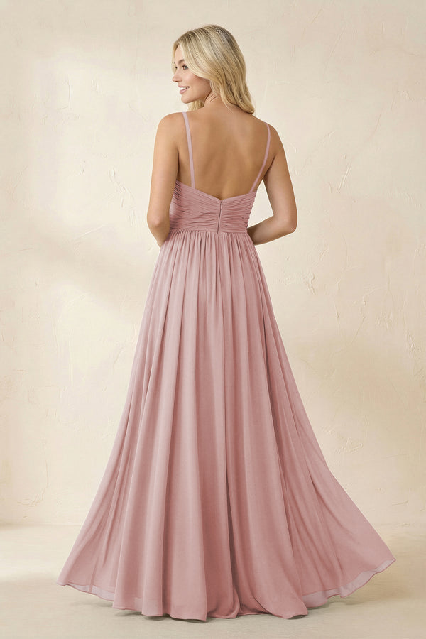 Cami Strap Chiffon A - Line Bridesmaid Dress with Slit in Dusty Rose - KissProm Bridesmaid Dresses
