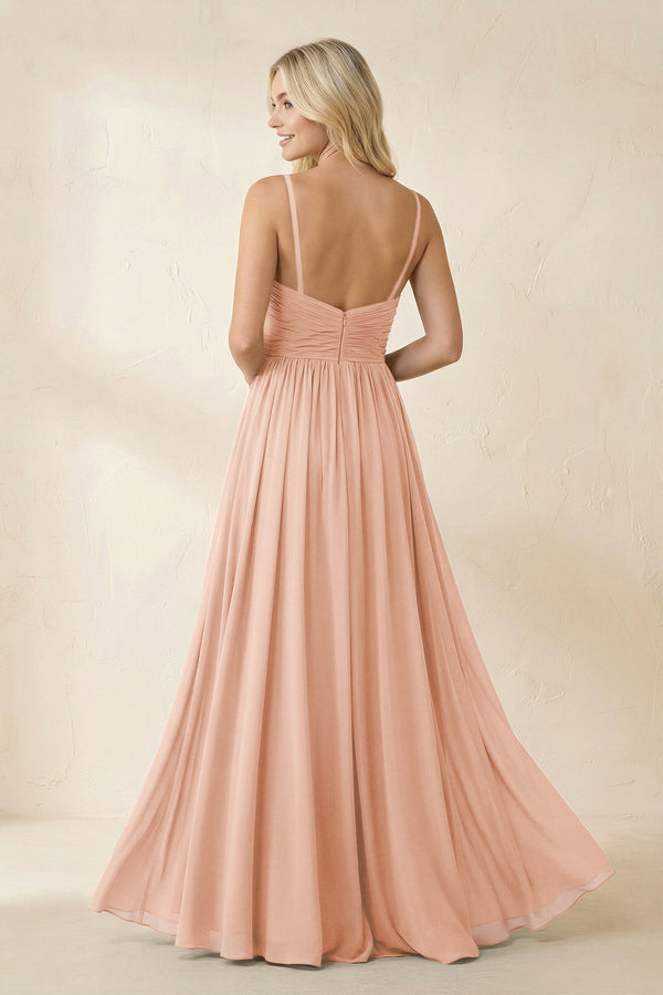 Cami Strap Chiffon A - Line Bridesmaid Dress with Slit in English Rose - KissProm Bridesmaid Dresses