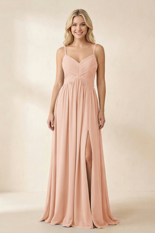 Cami Strap Chiffon A - Line Bridesmaid Dress with Slit in English Rose - KissProm Bridesmaid Dresses