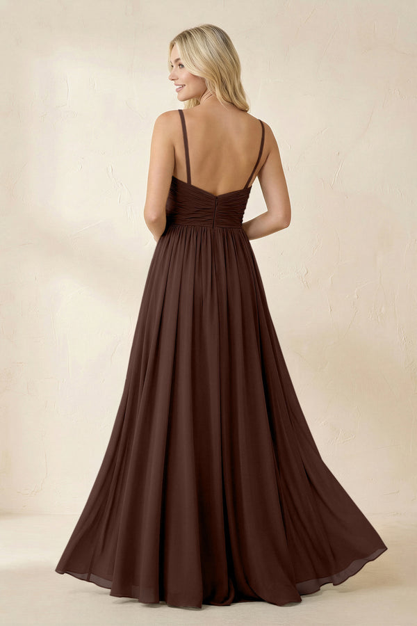 Cami Strap Chiffon A - Line Bridesmaid Dress with Slit in Espresso - KissProm Bridesmaid Dresses