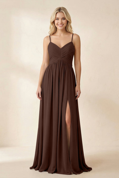 Cami Strap Chiffon A - Line Bridesmaid Dress with Slit in Espresso - KissProm Bridesmaid Dresses