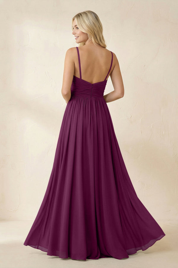 Cami Strap Chiffon A - Line Bridesmaid Dress with Slit in Fig - KissProm Bridesmaid Dresses