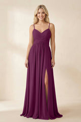 Cami Strap Chiffon A - Line Bridesmaid Dress with Slit in Fig - KissProm Bridesmaid Dresses