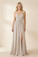 Cami Strap Chiffon A - Line Bridesmaid Dress with Slit in Frost - KissProm Bridesmaid Dresses