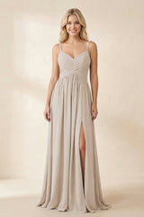 Cami Strap Chiffon A - Line Bridesmaid Dress with Slit in Frost - KissProm Bridesmaid Dresses