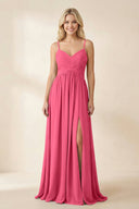 Cami Strap Chiffon A - Line Bridesmaid Dress with Slit in Fuchsia - KissProm Bridesmaid Dresses