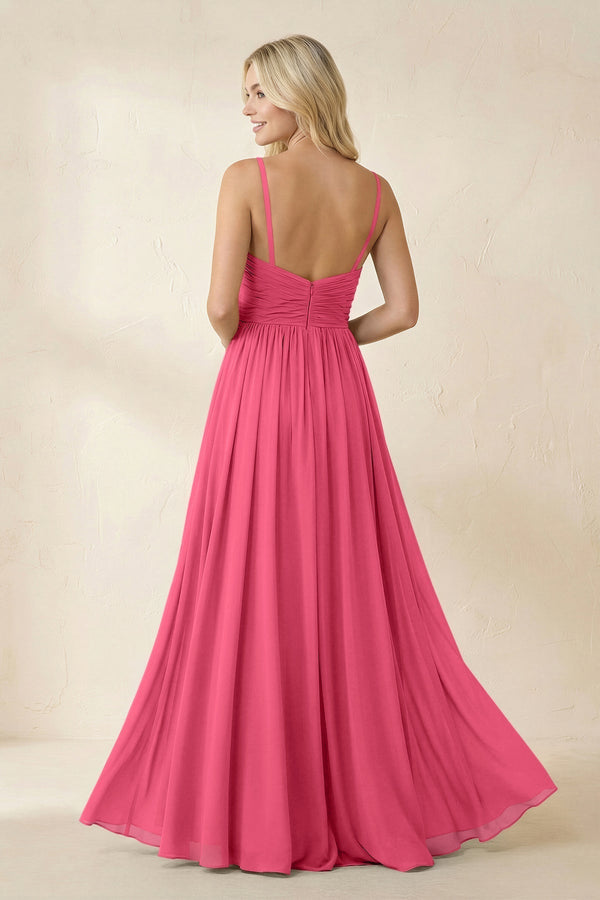 Cami Strap Chiffon A - Line Bridesmaid Dress with Slit in Fuchsia - KissProm Bridesmaid Dresses