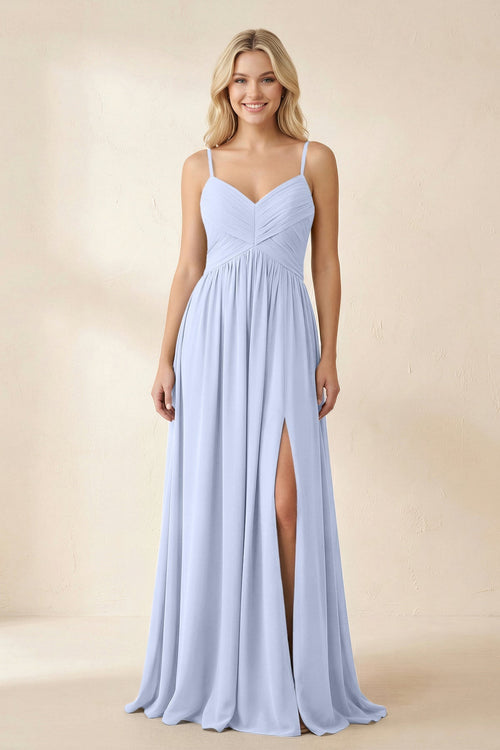 Cami Strap Chiffon A - Line Bridesmaid Dress with Slit in Ice - KissProm Bridesmaid Dresses