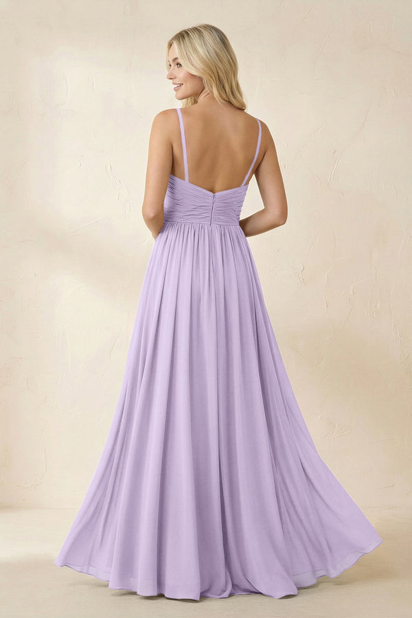 Cami Strap Chiffon A - Line Bridesmaid Dress with Slit in Lavender - KissProm Bridesmaid Dresses