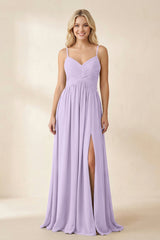 Cami Strap Chiffon A - Line Bridesmaid Dress with Slit in Lavender - KissProm Bridesmaid Dresses