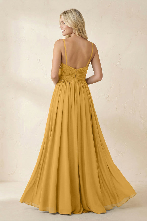 Cami Strap Chiffon A - Line Bridesmaid Dress with Slit in Marigold - KissProm Bridesmaid Dresses
