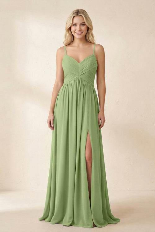Cami Strap Chiffon A - Line Bridesmaid Dress with Slit in Matcha - KissProm Bridesmaid Dresses