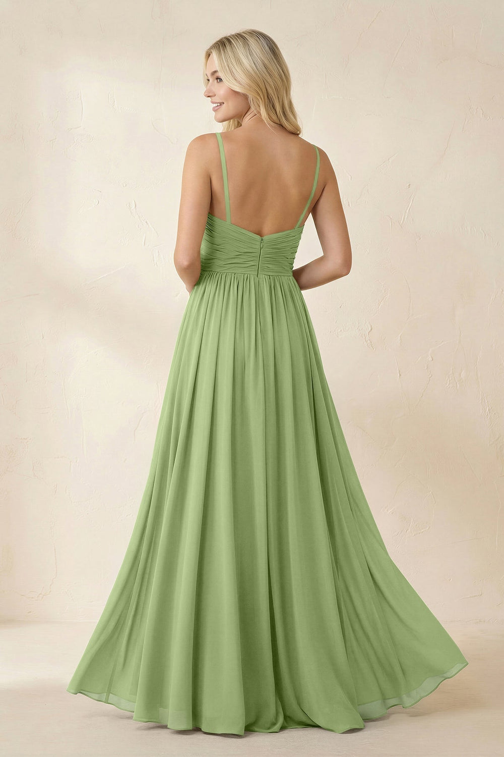 Cami Strap Chiffon A - Line Bridesmaid Dress with Slit in Matcha - KissProm Bridesmaid Dresses