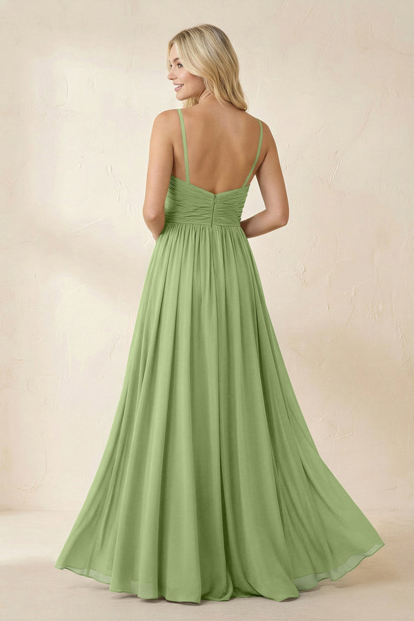 Cami Strap Chiffon A - Line Bridesmaid Dress with Slit in Matcha - KissProm Bridesmaid Dresses